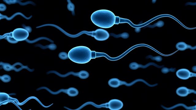 Close-up of blue sperm cells swimming on black background