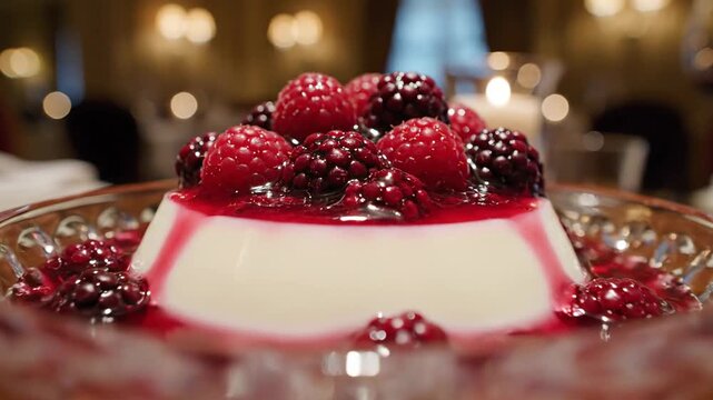 Generous portion of creamy sweet panna cotta with berry compote served in an elegant crystal bowl