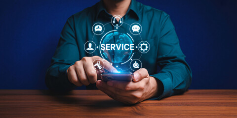 Man using smartphone with service icons and global network connection