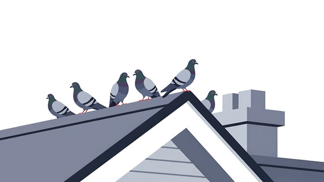 A group of gray doves perch on a simple, gray roof. A chimney is located on the right. The sky is white. Simple, geometric style