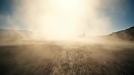 Cinematic low-angle shot of a desert road with dust. Fast forward motion on an empty highway under a sunny sky. Travel and adventure concept.