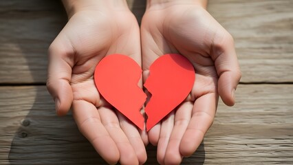 Obraz premium Hands holding broken red heart on wooden background