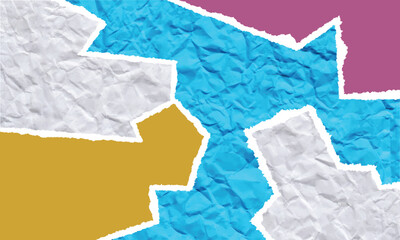 Abstract collage background with torn newspaper text, vibrant abstract composition featuring torn paper textures in shades of blue gold and magenta