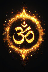 Mystical Golden Om Symbol with Radiant Fiery Aura:, Sparkling Golden Glow, Intricate Flame Effects, Ethereal Sparkles and Deep Black Background for Yoga Posters, Meditation Graphics, Spiritual Decor