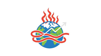 Fototapeta premium A globe encircled by red lines and flames, featuring a broken section and a rising arrow suggesting global issues. The art is symbolic