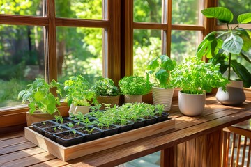 A window sill with a variety of potted plants, including basil, parsley