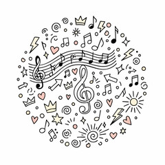 Hand drawn musical doodle art with notes clefs and decorative elements.