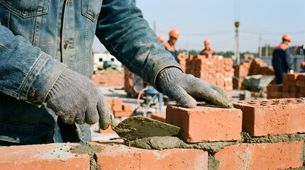  a construction worker in denim and gloves laying red bricks with mortar. Background shows more workers and a clear blue sky.
