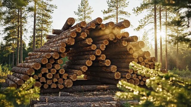 Geometric log structure artfully stacked within a sun-drenched forest