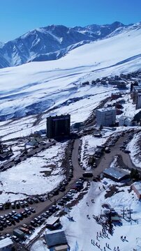 Farellones Village At Andes Mountains Santiago Chile. Chair Lift Transporting Skiers And Snowboarders. Snowflakes Countryside Andes Mountains Map Frozen Background. Andes Mountains Map.