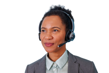 Black woman customer service agent wearing headset, providing online support, call center communication, transparent background