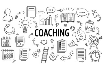 Coaching strategy elements: books, charts, target arrows, and motivation icons