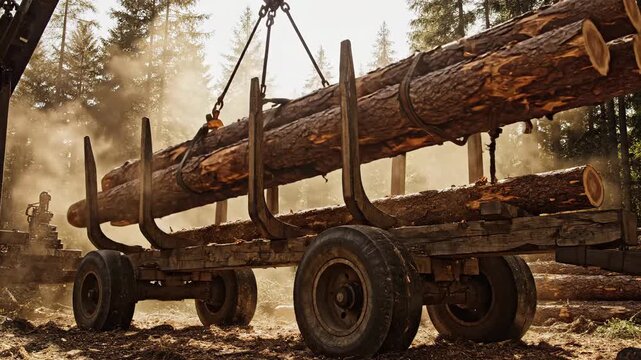 Gigantic Pine Logs Winched Onto Rough Hewn Cart During Forest Logging Operation In Sunlight