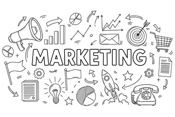 Fototapeta na wymiar Hand-drawn marketing icons with megaphone, rocket, and graph elements