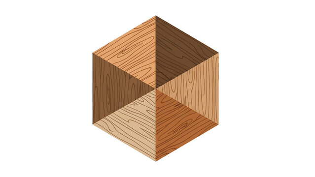 A geometric illustration of a six-sided figure resembling a cube, with each face displaying a different wood grain pattern and tone against a white background