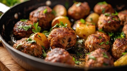 This image shows a close-up view of juicy, well-browned meatballs cooking alongside halved golden potatoes in a skillet, beautifully garnished with fresh green herbs, possibly parsley or thyme, with