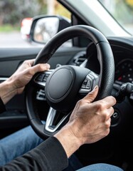 Close up Of Hands Gripping A Black Leather Steering Wheel While Driving A Car On A Road During The Day
