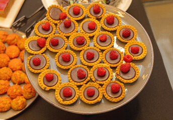 Chocolate Tart With Fresh Raspberry Fruits Served at Tray Top View