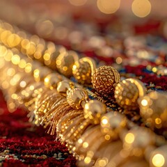 Close Up Of Ornate Golden Tassels On A Red Carpet With Bokeh Lights Creating A Luxurious And Festive Atmosphere