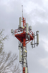 Tall Mast Antenna Cellular Base Station Tower Gsm Internet Communication Network Top Rainy Day Clouds