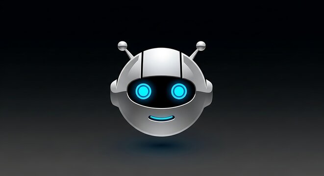 Cute robot head with antennas and glowing eyes on a dark background.