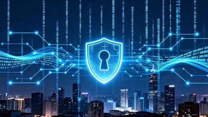 Cybersecurity cityscape with shield - Powered by Adobe