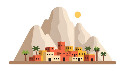 A geometric illustration presents a village nestled against mountains with palm trees and a bright sun in a simplified style