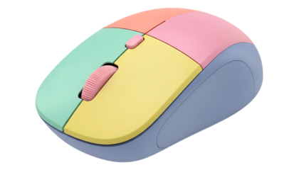 Colorful computer mouse with a pastel color block design ideal for digital artists on transparent background