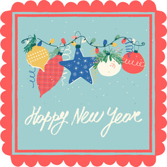 Merry Christmas and New Year card in a decorative frame trend of the year for festive projects, logos, stickers, invitations, scrapbooking, wall posters, social media, home, crafts and goods
