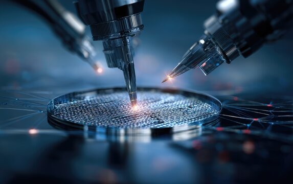A close-up of metallic robotic arms interacting with a round semiconductor chip