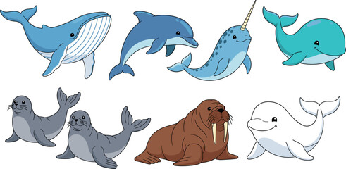 Cute Cartoon Set of Marine Mammals Including Whale Dolphin Narwhal Seal and Walrus © Firoz