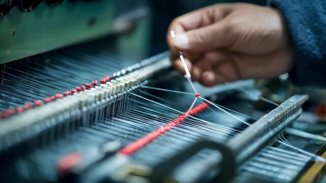 Operator adjusting settings on a machine producing bimetal wires revealing the intricate combination of metals for enhanced durability.