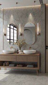 Elegant bathroom interior showcasing double sinks, marble walls, and minimalist design elements