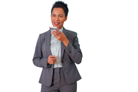 Businesswoman recording audio message on mobile phone, voice messaging for communication and networking on transparent background - Powered by Adobe