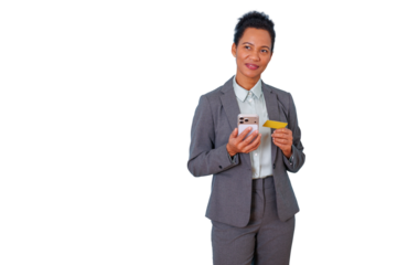 Businesswoman making online payment using smartphone and credit card, managing finance, transparent background