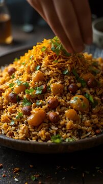 Close-up shot showcasing the preparation of the flavorful Indian dish bhel puri