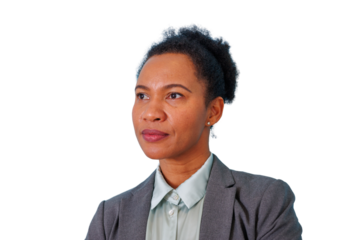 Mature black ethnicity woman wearing a grey suit and light green shirt, standing confidently, planning and leading