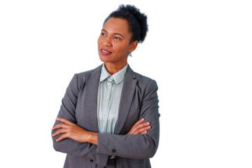 Professional african american businesswoman posing with folded arms on a transparent background, looking away confidently