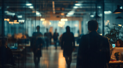Fototapeta premium A man in a dark suit walks through a dimly lit office space with glass walls and people in the background