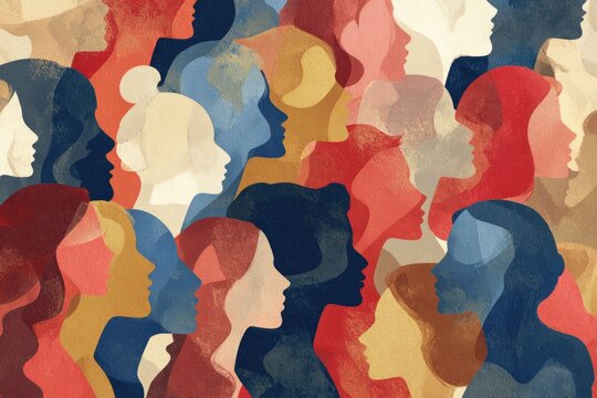 Abstract illustration featuring numerous female silhouettes layered in vibrant colors