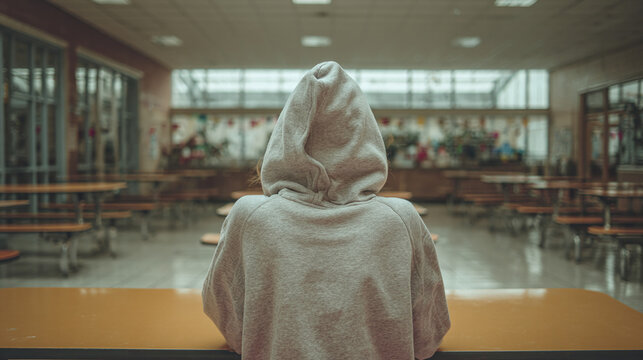 teen girl alone in school cafeteria hoodie sitting at table conceptual scene representing social isolation peer pressure and teen loneliness