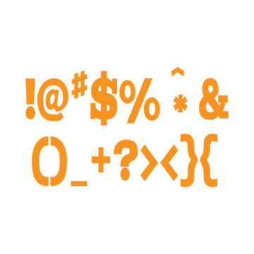 Orange stencil style special characters and symbols set isolated on white background, vector illustration.