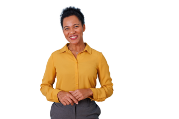 Professional black woman smiling, standing with confidence, wearing business casual attire, transparent background