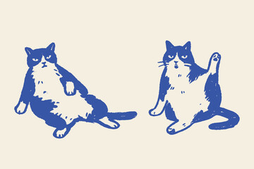 Cats funny poses naive doodle bold shape vector illustration