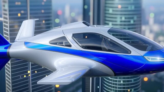Blue and white eVTOL air taxi flies smoothly between tall towers above a dense skyline in daylight, it banks slightly as the camera follows, highlighting urban air mobility and autonomy.