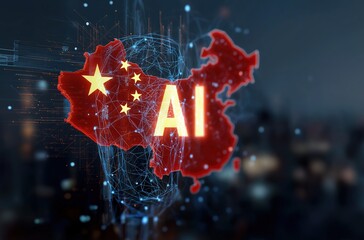 Holographic national symbol with integrated AI emblem and digital neural connections, against blurred Chinese cityscape, representing technological sovereignty and futuristic urban innovation.