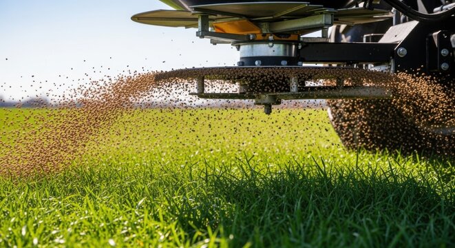 Closeup of mechanical granular fertilizer spreader evenly distributing nutrients across a lush green field under clear skies.