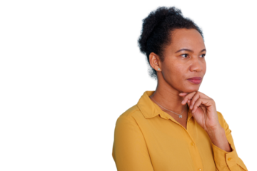 African woman in a yellow shirt thinking, looking away with a thoughtful expression and hand on chin, transparent background