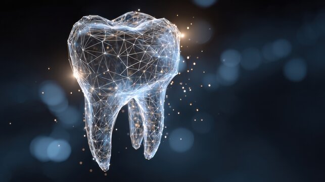Molecular structure of a tooth with glowing particles in a dark background representing dental health