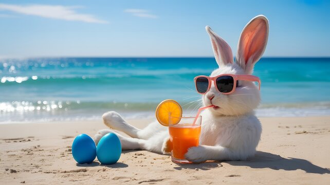 A whimsical white bunny wearing pink sunglasses relaxes on a sandy beach, sipping a tropical orange drink with a slice of orange and two blue Easter eggs nearby.